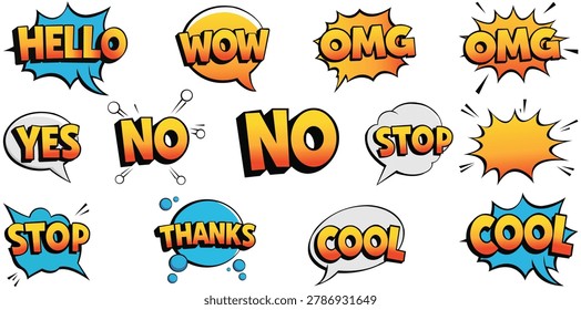 Comic speech bubble collection illustration featuring pop art expression chat text and cartoon communication concept for creative design projects