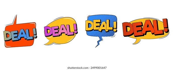 Comic speech bubble collection in trendy retro style. DEAL text.