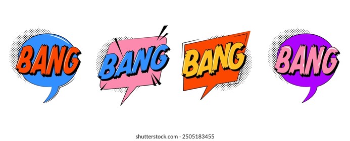 Comic speech bubble collection in trendy retro style. Bang text.