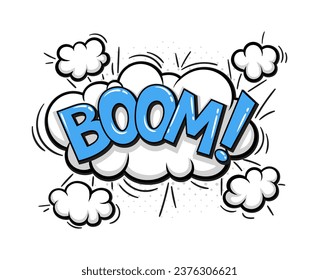 Comic speech bubble concept. White clouds with boom blue inscription. Superhero comics design element. Template and layout. Cartoon flat vector illustration isolated on white background