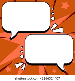 Comic Speech Bubble With Copy Space And Colorful Doodles. Design Of Empty Template In Explosion Framework Representing Social Media Messaging And Connecting.