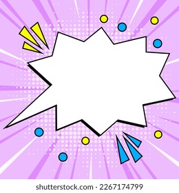 Comic Speech Bubble With Copy Space And Colorful Doodles. Design Of Empty Template In Explosion Framework Representing Social Media Messaging And Connecting.