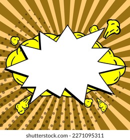Comic Speech Bubble With Copy Space And Colorful Doodles. Design Of Empty Template In Explosion Framework Representing Social Media Messaging And Connecting.