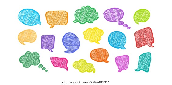 Comic speech bubble crayon icon, dialogue cloud line hand drawn, colorful talk balloon pencil, sketch text frame, wax chat doodle, message box pen texture on white background. Vector illustration