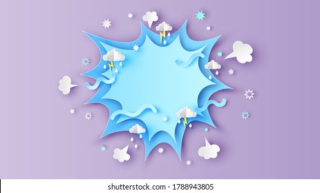 Comic speech bubble decorated with explosion firework, cloudy sky, raindrop, lightning and blank space. Rainy season background. paper cut and craft style, vector, illustration.