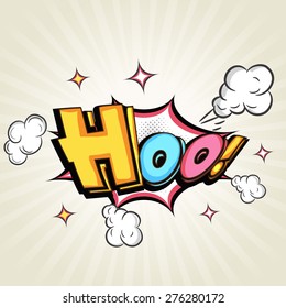 Comic speech bubble design with colorful text Hoo over explosion art on stylish background.