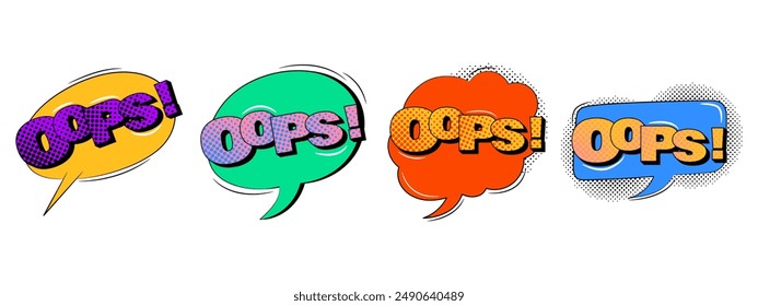 Comic speech bubble with different text in trendy retro style. Oops text