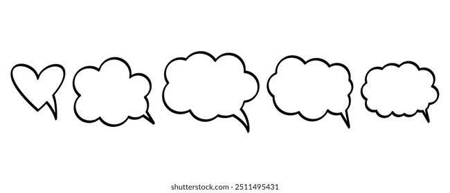 Conjunto de doodle de burbuja de discurso cómico, forma de nube. Estilo de boceto dibujado a mano. Charla de burbuja de voz, elemento de mensaje, texto de cita. Ilustración vectorial común aislada en el fondo blanco.