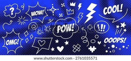 Comic speech bubble doodle set on bold halftone background. WOW, OMG, POW text elements with hearts, stars, lightning. White pop art vector elements for advertising, banners, posters, digital design