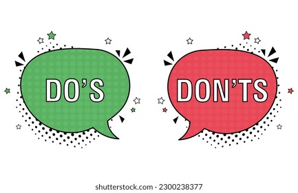 Comic speech bubble with do's and don'ts icons. Vector bright dynamic cartoon illustration in retro pop art style. Vector illustration