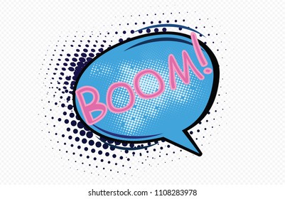 Comic speech bubble with emotional text BOOM! Cartoon illustration in retro pop art style. Comic text sound effects. High resolution