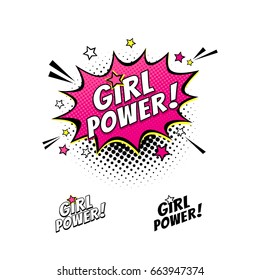 Comic speech bubble with emotional text Girl Power and stars. Vector bright dynamic cartoon illustration isolated on white background.