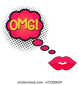 Comic speech bubble, emotional text OMG and open female mouth. Bright dynamic cartoon illustration in pop art style isolated on white, halftone effect.