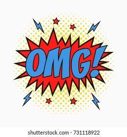 Comic speech bubble with emotions - OMG! Cartoon sketch of dialog effects in pop art style on dots halftone background. Vector illustration.