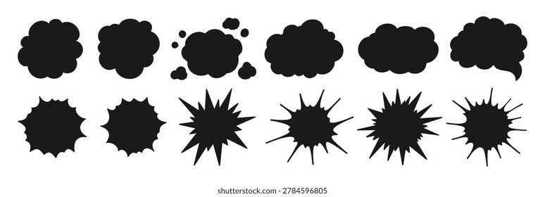 Comic speech bubble explosion burst and retro cloud of thought set. Cartoon boom bang blast effects, fire dynamite clouds, doodle speech bubbles, energy sparks and pop art stencil silhouettes Vector