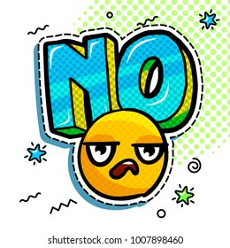 Comic speech bubble with expression text NO. Tired yellow emoji on dots background. Smail in pop art style. Vector illustration.