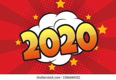 Comic speech bubble with expression text 2020 Vector bright dynamic cartoon illustration in retro pop art style