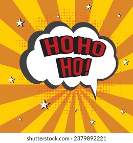 Comic speech bubble with expression text Merry Christmas! gifts, bows, hearts, toys, stars. Vector bright dynamic cartoon holiday illustration in retro pop art style on halftone background.