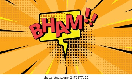 Comic speech bubble with expression text Bham!. Colorful cartoon illustration in retro pop art style on halftone background