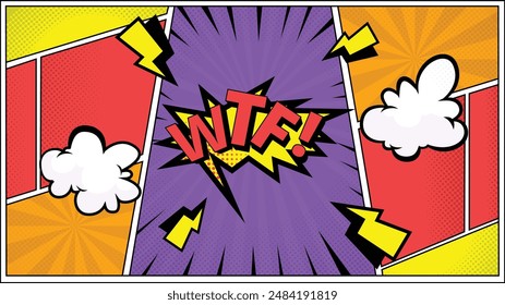 Comic speech bubble with expression text WTF!, Colorful halftone retro pop art background 