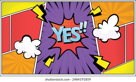 Comic speech bubble with expression text Yes!, Colorful halftone retro pop art background 