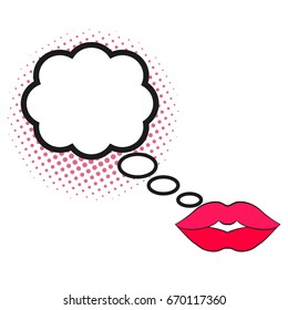 Comic speech bubble with halftone effect, female lips. Bright dynamic cartoon illustration isolated on white.