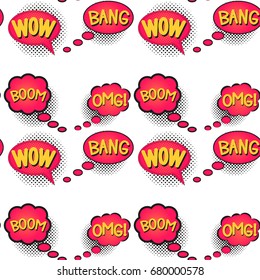 Comic speech bubble with halftone effect, set. Bright dynamic cartoon illustration isolated on white. Blank template comic text, wallpaper, wrapping. Dialog empty cloud, balloon. Seamless pattern.