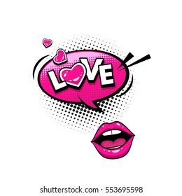 Comic speech bubble with hearts, emotional text Love and female lips. Vector bright dynamic cartoon illustration isolated on white background