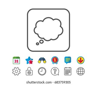 Comic Speech bubble line icon. Chat sign. Communication or Comment symbol. Calendar, Globe and Chat line signs. Binoculars, Award and Download icons. Editable stroke. Vector