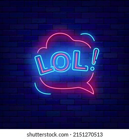 Comic speech bubble lol neon sign. Laugh concept. Pop art burn design. Glowing effect poster. Emotion idea on brick wall. Editable stroke. Vector stock illustration