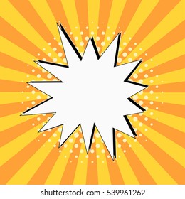 Comic speech bubble on a comic strip and halftone dots background. Explosion for comic book. Vector illustration