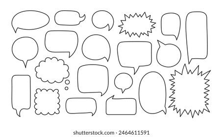 Comic Speech Bubble outline set. Hand drawn comment and message frames various shapes. Empty balloons. Isolated black line art. Vector illustration. Cartoon style