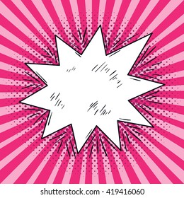 Comic speech bubble pop-art sketch on pink background. Vector funny comic book explosion balloon.
