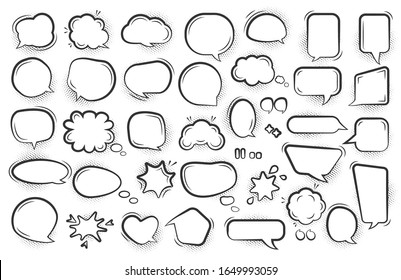 Comic speech bubble set. Cartoon empty text clouds with halftone dot shadow. Different shapes blank pop art line doodle bubbles. Comics message ballon template. Isolated on white vector illustration