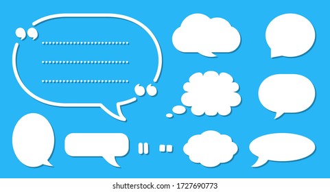 Comic speech bubble set. Cartoon empty text box clouds on blue sky background. Abstract icon different shapes flat blank bubbles. Comics message balloon template. Isolated vector illustration