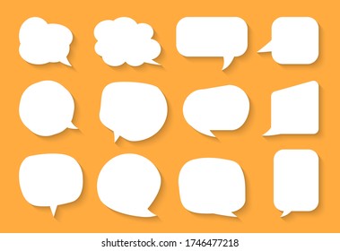 Comic speech bubble set. Cartoon empty text box clouds on orange background. Abstract icon different shapes flat blank doodle bubbles. Comics message balloon template. Isolated vector illustration