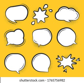 Comic speech bubble set. Cartoon empty text clouds with halftone dot shadow. Different shapes blank pop art line doodle bubbles. Comics message balloon template. Isolated on orange vector illustration