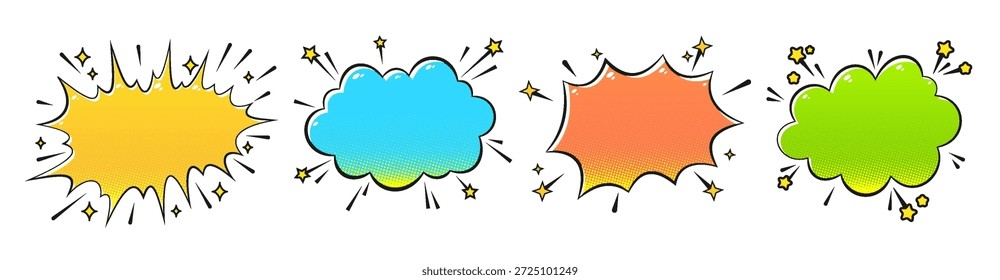 Comic Speech Bubble Set with Colorful Pop Art Clouds Explosion. Cartoon Callout Halftone Texture Shapes for Wow, Bang, Boom Text effect, Expression Messages and Stickers. Vector Illustration