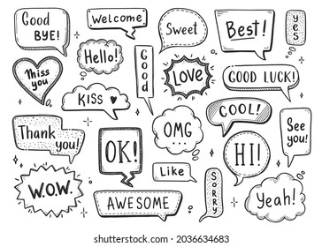 Comic speech bubble set with dialog word hi, ok, bye, welcome. Hand drawn sketch doodle style. Vector illustration speech bubble chat, message element.