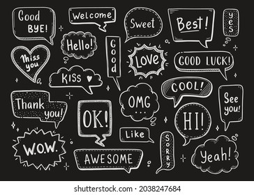 Comic speech bubble set with dialog word hi, ok, bye, welcome. Hand drawn sketch doodle style and chalkboard background. Vector illustration speech bubble chat, message element.