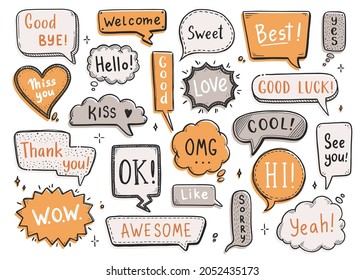 Comic speech bubble set with dialog word hi, ok, bye, welcome. Hand drawn sketch doodle style. Vector illustration speech bubble chat, message element.