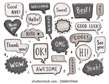 Comic speech bubble set with dialog word hi, ok, bye, welcome. Hand drawn sketch doodle style. Vector illustration speech bubble chat, message element.