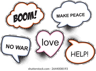 Comic speech bubble set with dialog word boom, love, no war, make peace. Vector illustration speech bubble chat