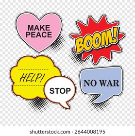 Comic speech bubble set with dialog word boom, stop, no war, peace. Vector illustration speech bubble chat