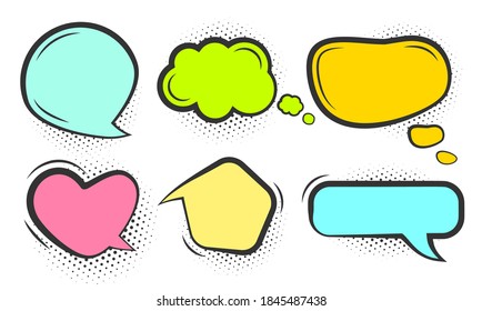 Comic speech bubble set. Different colored blank pop art line doodle bubbles. Cartoon empty text clouds with halftone dot shadow. Comics message balloon template. Isolated on white vector illustration