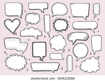 Comic speech bubble set with round, star, cloud shape. Hand drawn sketch doodle style. Vector illustration speech bubble chat, message element for quote text.