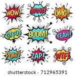 Comic speech bubble set with  text: Wow, Bang, Omg, Gtfo, Boom, Yeah, Pow, Zap, Wtf. Vector cartoon explosions with different emotions isolated on white background.