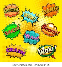 Comic speech bubble set with text and explosions. Boom, Bang, Ouch, Bingo, Crash, Yeah, Wow vector cartoon emotions.
