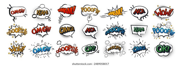 Comic speech bubble set with text. Collection comic speech effects. Comic wording sound effect set design for comic background