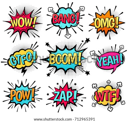 Comic speech bubble set with  text: Wow, Bang, Omg, Gtfo, Boom, Yeah, Pow, Zap, Wtf. Vector cartoon explosions with different emotions isolated on white background.